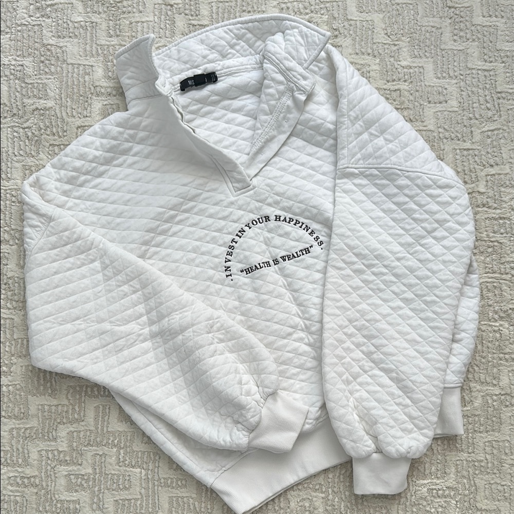 White Quilted Pullover Sweatshirt